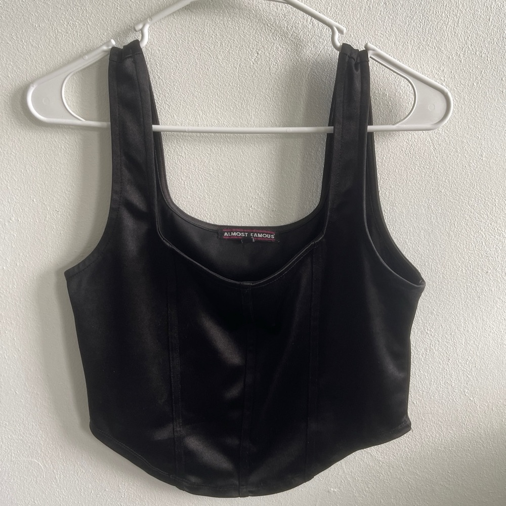 Almost Famous Black Stretch Satin Goth Punk Pin Up Bustier Crop Top